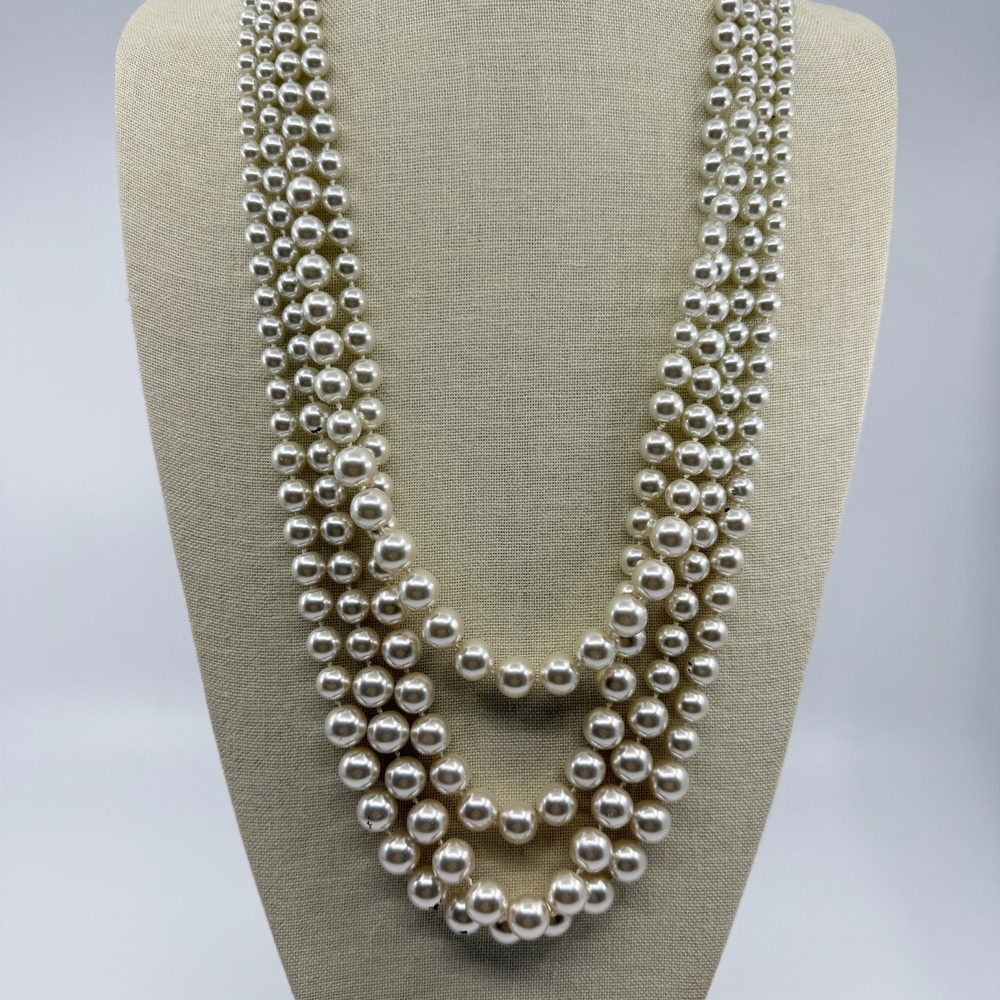 Elegant Multi-Strand White Faux Pearl Statement Necklace Classic Bridal Jewelry